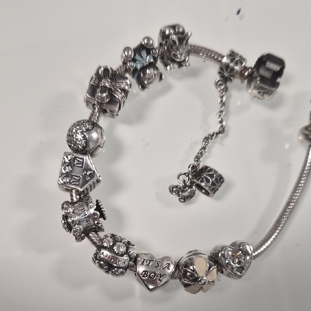 Pandora Silver Charm Bracelet with Heart and Flower Charms